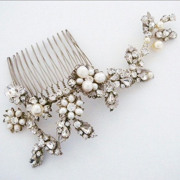 Erin Cole Design Hair Accessory, Pearl & Crystal Silver Leaf Vine Comb NWT